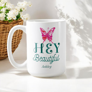 Mug Pink Hey belle citation Typographie verte