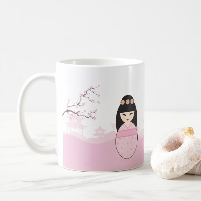 Mug Pink Kokeshi Doll Design (Avec donut)