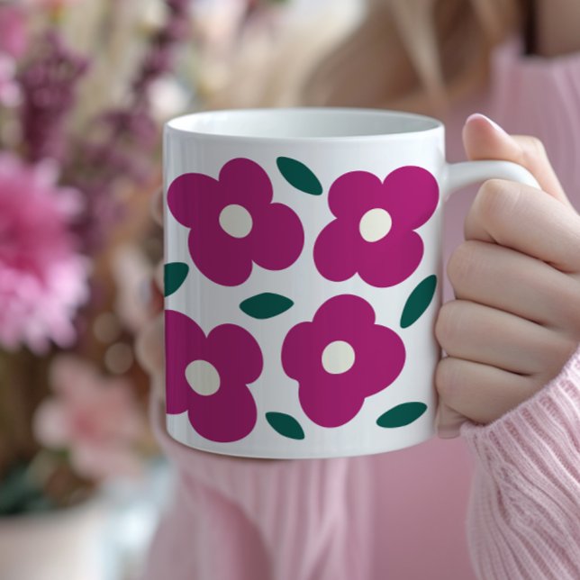 Mug Pink Magenta Abstrait Motif de fleurs rétro (bold magenta abstract flower coffee mug, popping colors, large flowers)