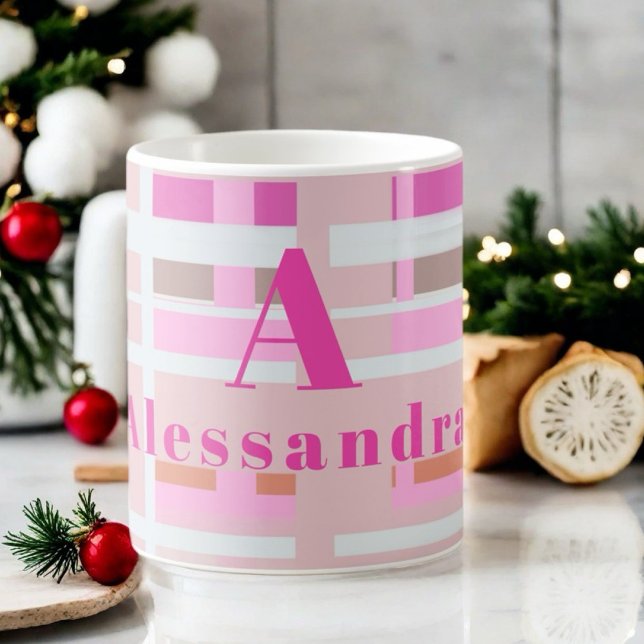 Mug Pink Noël plaid monogramme blanc moderne (Créateur téléchargé)