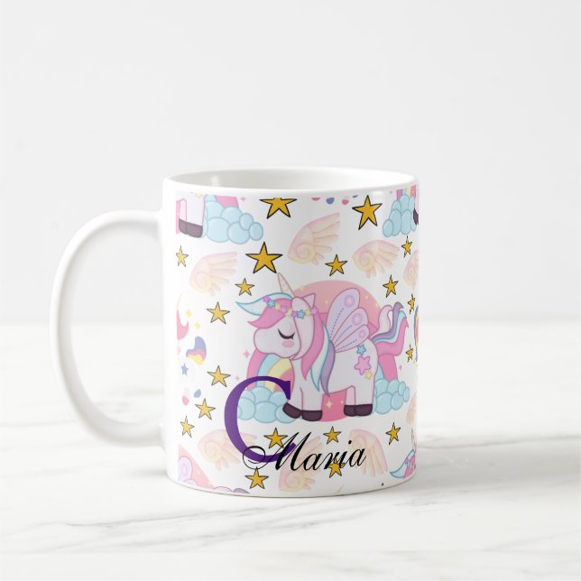 Mug Pink Purple Gold Star Unicorne Nom Monogramme (Gauche)