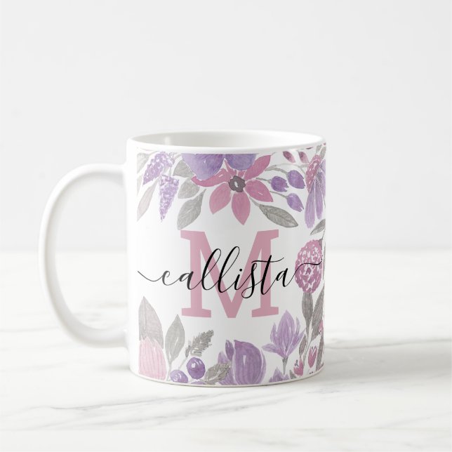 Mug Pink Purple Sage Green Floral Watercolor (Gauche)