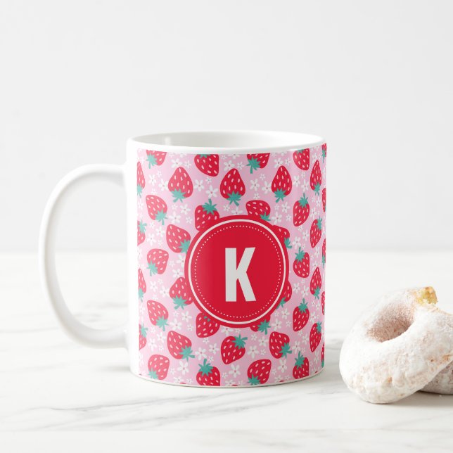 Mug Pink Red Strawberries Floral  Pattern Monogram (Avec donut)