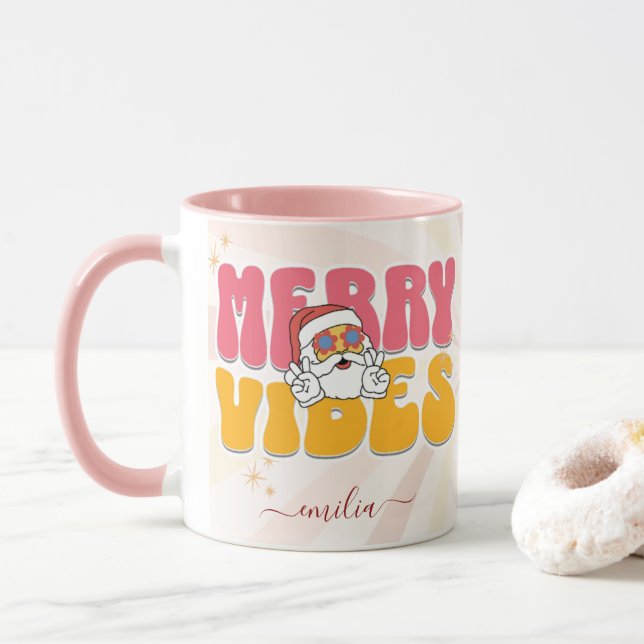 Mug Pink Retro les années 70 Thème Merveilleuse Vibes  (Avec donut)