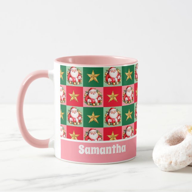 Mug Pink Retro Santa Claus Joyeux enfants de Noël (Avec donut)