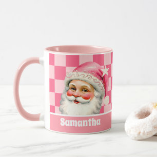 Mug Pink Retro Santa Claus Pink Tartan Plaid Noël