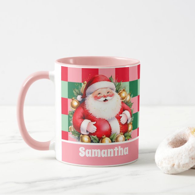 Mug Pink Retro Santa Claus Tartan Plaid Noël (Avec donut)