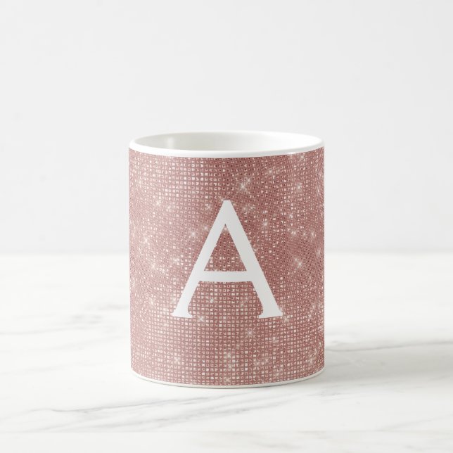 Mug Pink - Rose Gold Sparkle Bling Nom du monogramme (Centre)