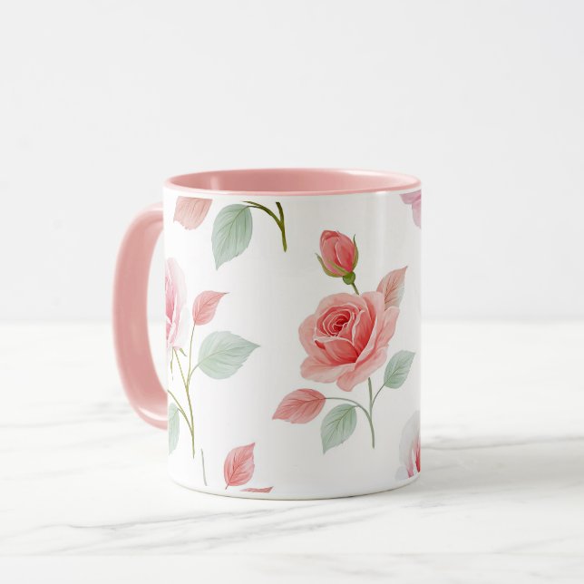 Mug Pink Rose Pattern, soft color, (Devant gauche)
