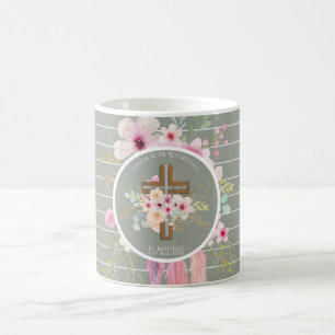 Mug Pink Sage Floral Croix BAUTIZO Baptême Bautismo