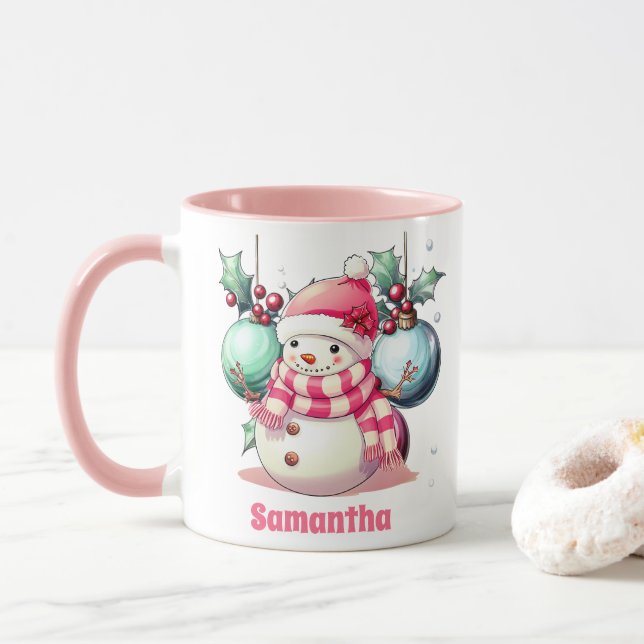 Mug Pink Snowman Noël Enfants Chocolat chaud (Avec donut)