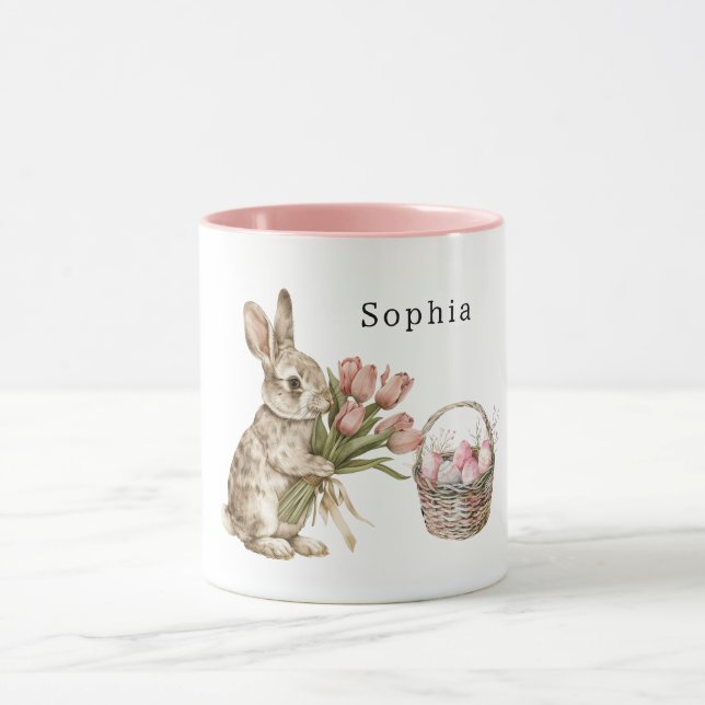 Mug Pink Tulips Bunny Rabbit Easter Eggs Basket (Centre)