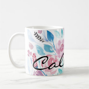 Mug Pink Turquoise Bleu Ressort Aquarelle Fleurs Monog