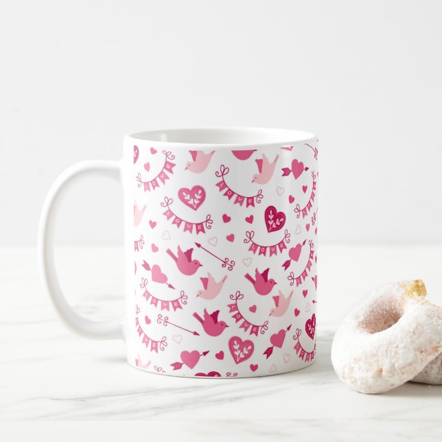 Mug Pink Valentine's Day Coeurs Oiseaux Flèches Motif (Avec donut)