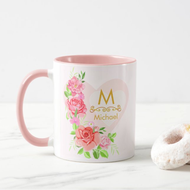 Mug Pink Watercolor Rose Floral Monogram Initial (Avec donut)