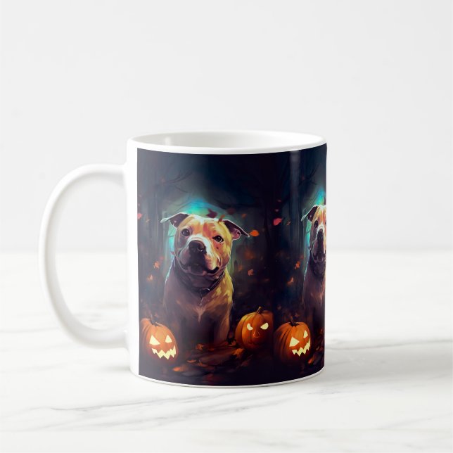 Mug Pitbull Halloween avec citrouilles effrayant  (Gauche)