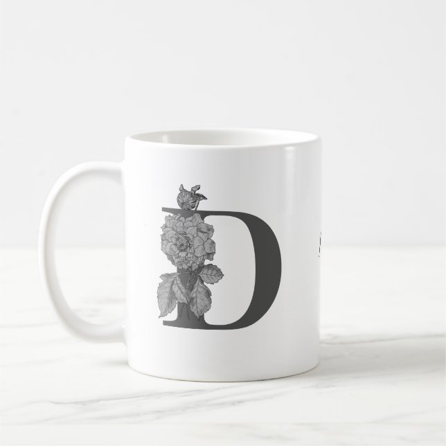 Mug Pivoine argentée Élégant monogramme initial D Votr (Gauche)