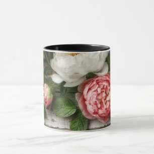 Mug pivoines et bois patiné