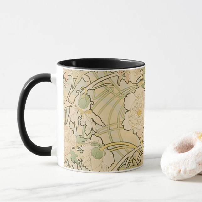 Mug Pivoines par Alphonse Mucha, Art Nouveau vintage (Avec donut)
