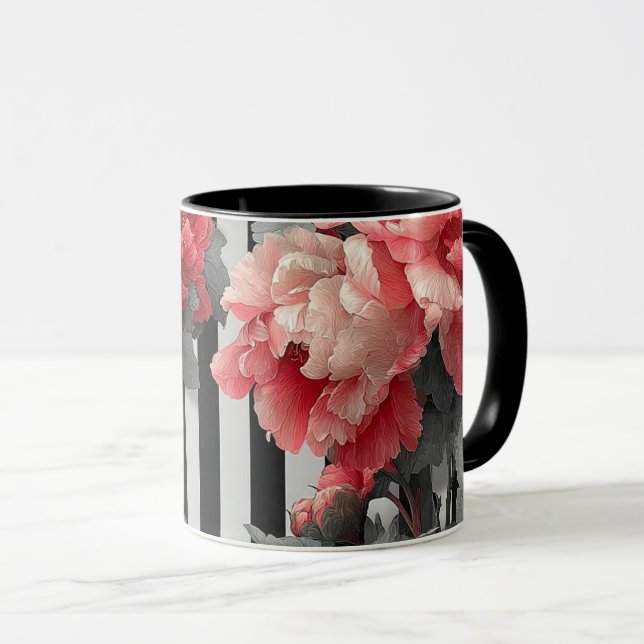 Mug pivoines roses et rayures noires et blanches (Devant droit)