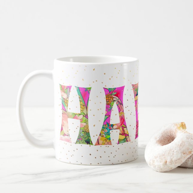 Mug PixDezines Hawaii Ananas Collage Aquarelle (Avec donut)