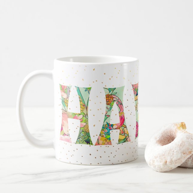 Mug PixDezines Hawaii Ananas Collage Aquarelle (Avec donut)