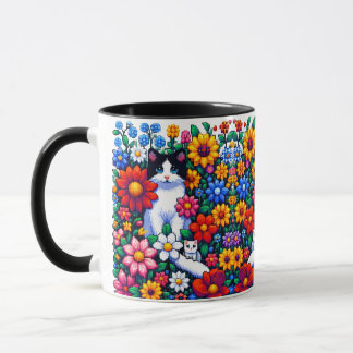 Mug Pixel Art Chat, chaton et fleurs