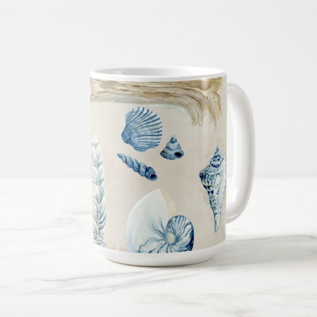 Mug Plage Ocean Sea Shells Bleu n Blanc Plumes Bois (Devant droit)