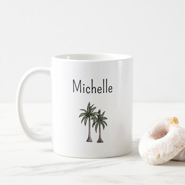 Mug Plage tropicale Palmiers Typographie simple (Avec donut)