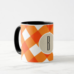 Mug Plaid Blanc Orange Kraft Rustique Monogramme Initi