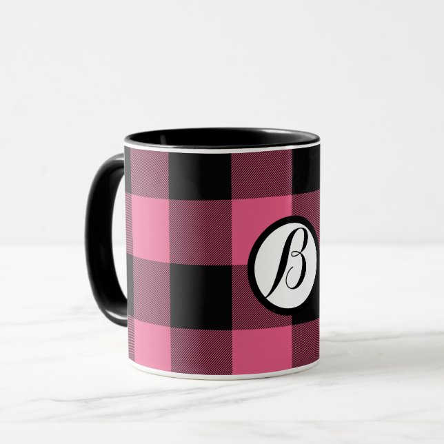 Mug Plaid Buffalo Carré rose et noir À damiers (Devant gauche)