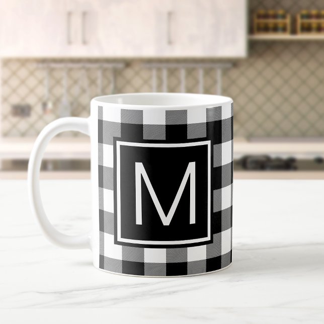 Mug Plaid Buffalo Noir et Blanc Monogrammé (Créateur téléchargé)