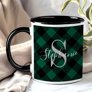 Mug Plaid Buffalo Vert Monogramme Nom