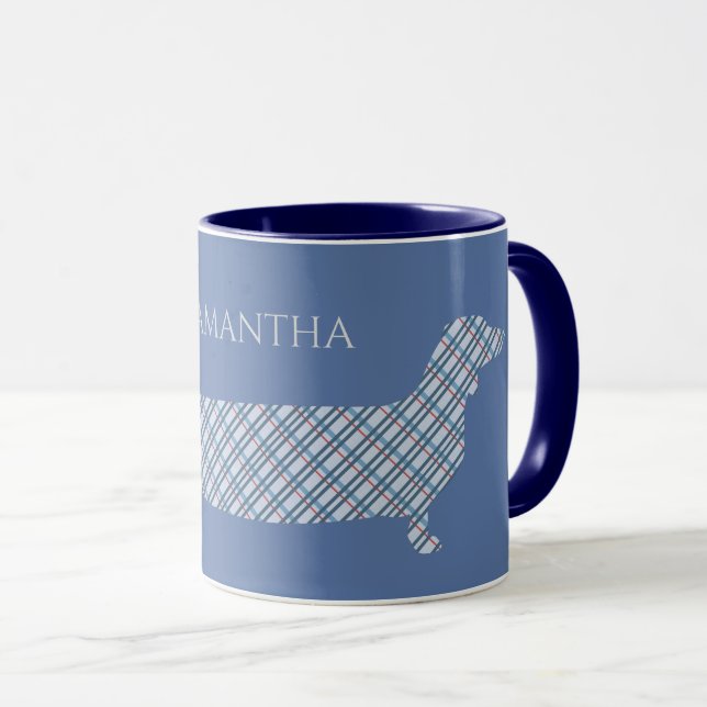 Mug Plaid Dachshund sur Blue Personnalisé (Devant droit)