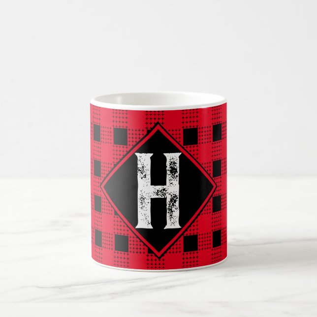 Mug plaid de buffle moderne rouge et noir Monogramme i (Centre)