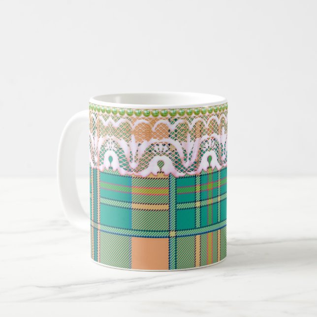 Mug Plaid et dentelle vert pêche mignonne girly (Devant gauche)