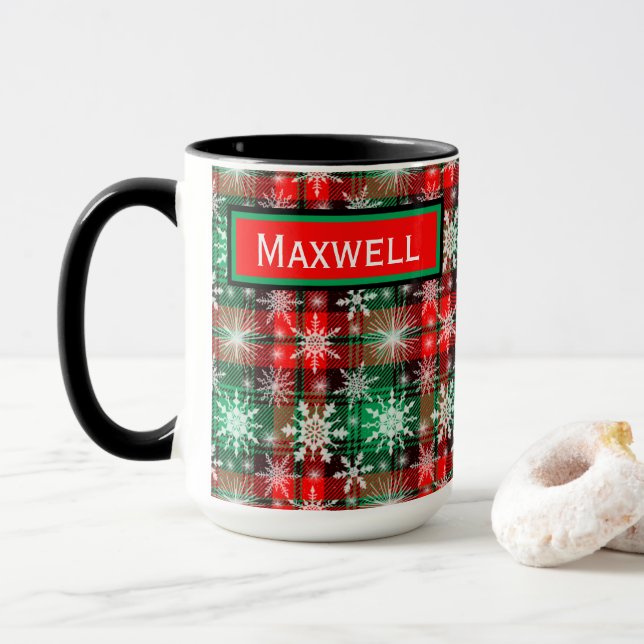 Mug Plaid Et Snowflakes Noël Motif 1 Avec Nom (Avec donut)