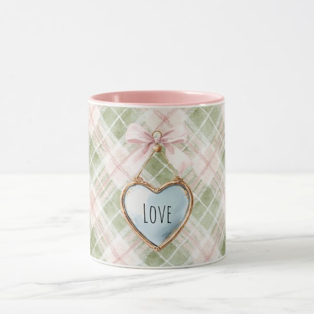 Mug Plaid Green Pink Bow Blue Gold Heart Love (Centre)