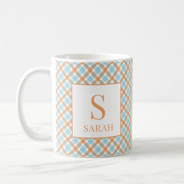 Mug Plaid Monogramme Nom Turquoise et Orange (Gauche)