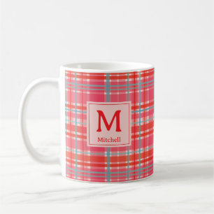 Mug Plaid prépa rouge, monogramme de famille de Noël r