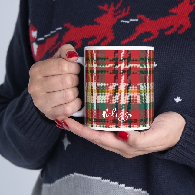 Mug Plaid Red Green Rustic Noël personnalisé (Personalized Script Plaid Rustic Christmas Holidays 11oz Coffee Mug)