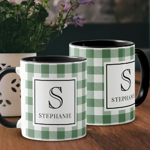 Mug Plaid Vert & Blanc Nom Monogramme Typographie Noir