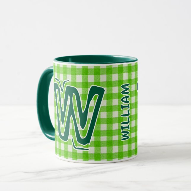 Mug Plaid Vert (Nom Monogramme Antique) Café Vintage (Devant gauche)