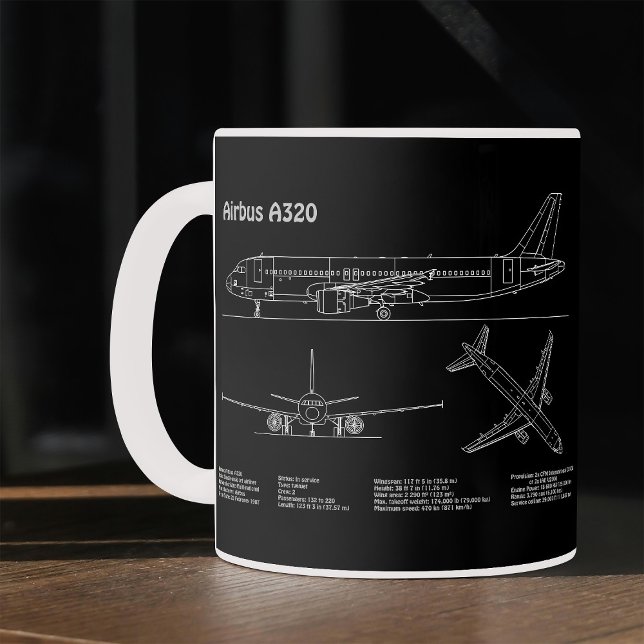Mug Plan d'avion Airbus A320 en dessin de plan PD (Airplane Airbus A320 in Blueprint Drawing PD. Coffee Mug)