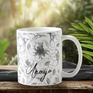 Mug Plan floral esquissé Motif gris/Wht ID939