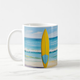 Mug Planche de surf bleue et jaune sur la plage