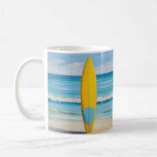 Mug Planche de surf bleue et jaune sur la plage