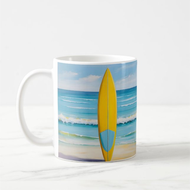 Mug Planche de surf bleue et jaune sur la plage (Gauche)