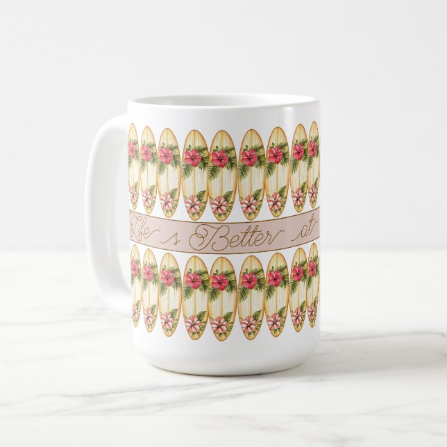 Mug Planche de surf tropicale – Design floral personna (Devant gauche)