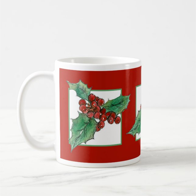 Mug Plante botanique de Noël Holly Dessin rouge (Gauche)